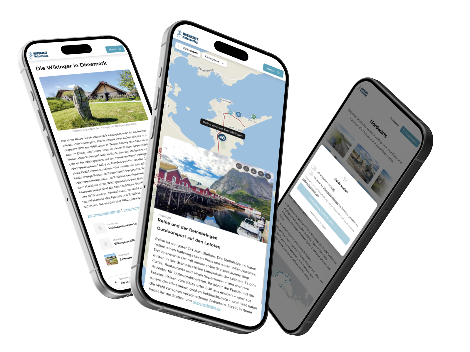 Drei Smartphones mit der digitalen Ausgabe eines Reiseführers des Naturzeit Reiseverlags: Themenseite, interaktive Karte und Kaufseite